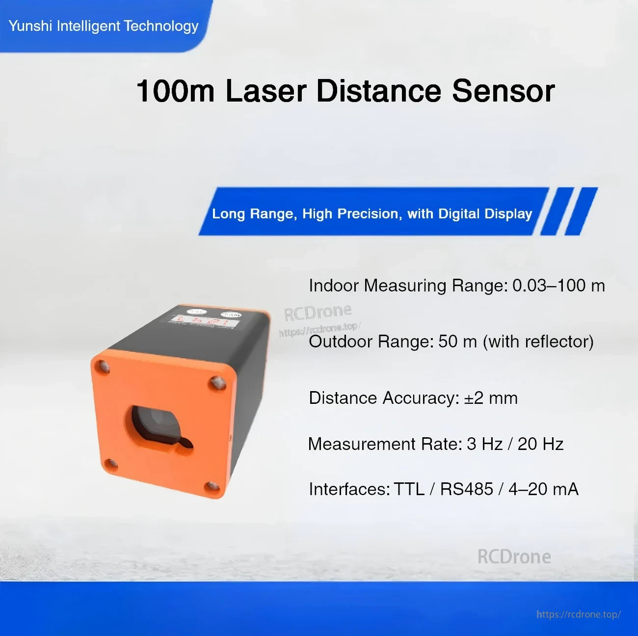Yunshis SK-A100 series laser distance sensor with digital display and TTL/RS485/4–20 mA outputs (100 m)