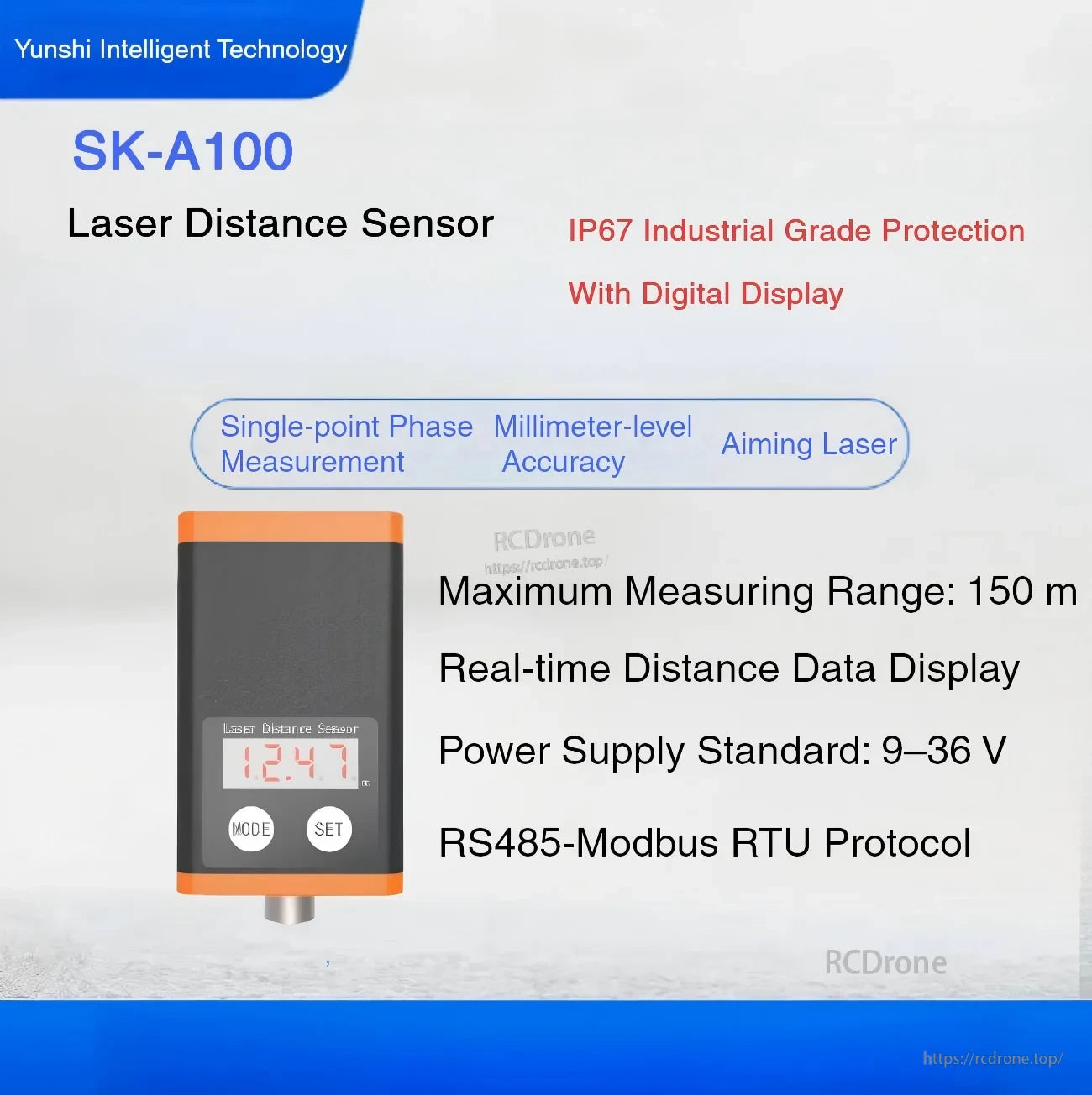 SK-A100 laser distance sensor front view with LED distance readout and IP67 industrial protection callouts