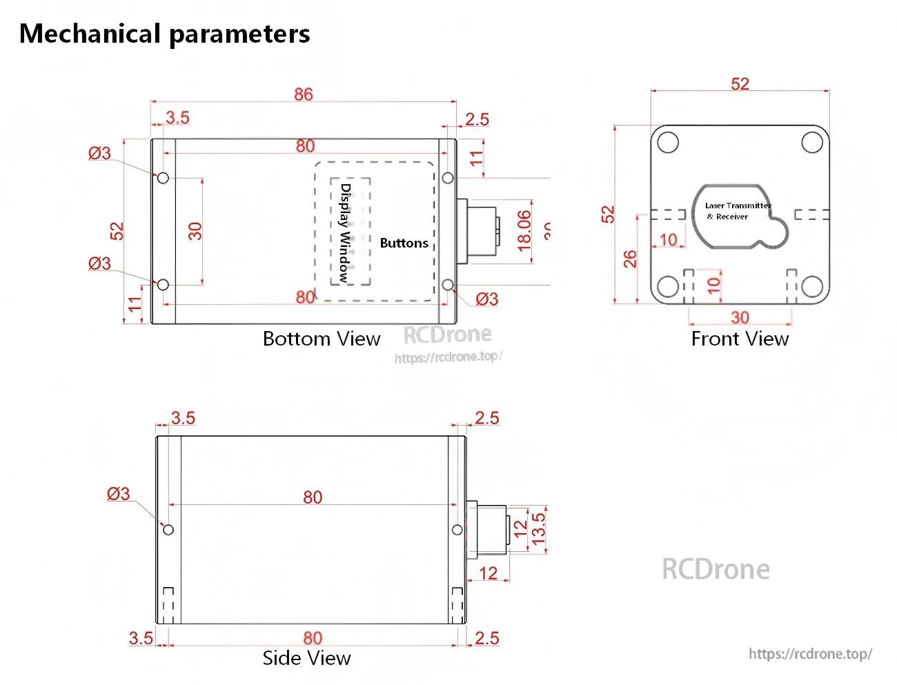 SK-A100 series mechanical dimensions drawing with front, side, and bottom views for mounting reference (52×52×86 mm)