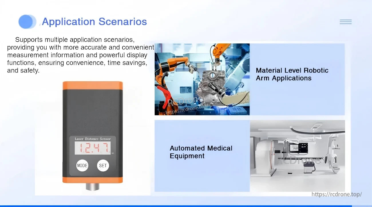 SK-A100 application scenarios including material level robotic arms and automated medical equipment distance measurement