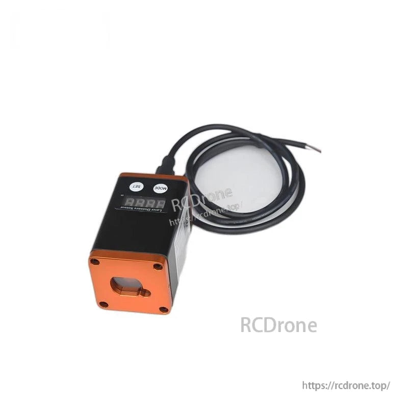 SK-A100 laser distance sensor with attached cable, top panel showing LED readout and buttons