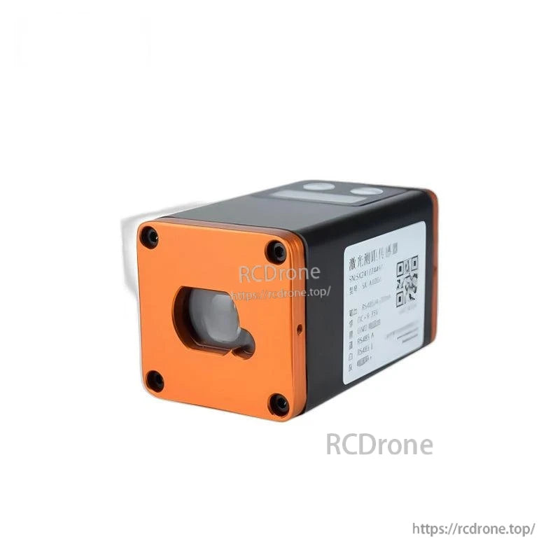 Front view of distance sensor with optical window in orange faceplate and side label