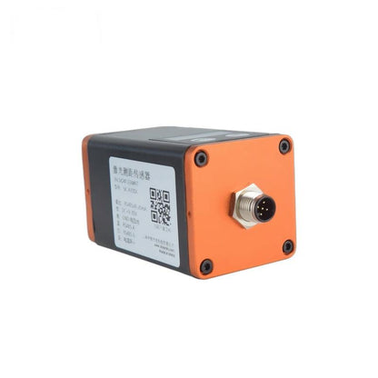Rear/side view of SK-A100 sensor showing 4-pin circular connector and product label with QR code