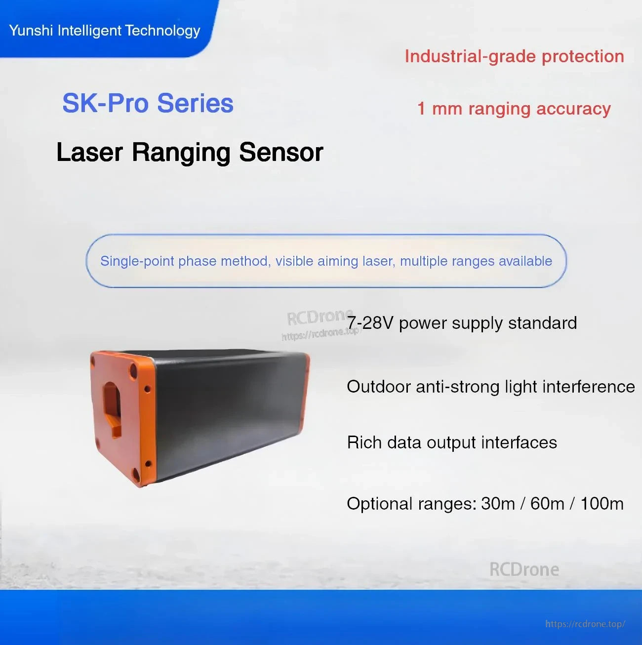 Yunshis SK-Pro Series Laser Ranging Sensor overview with 30/60/100 m options and outdoor strong-light immunity