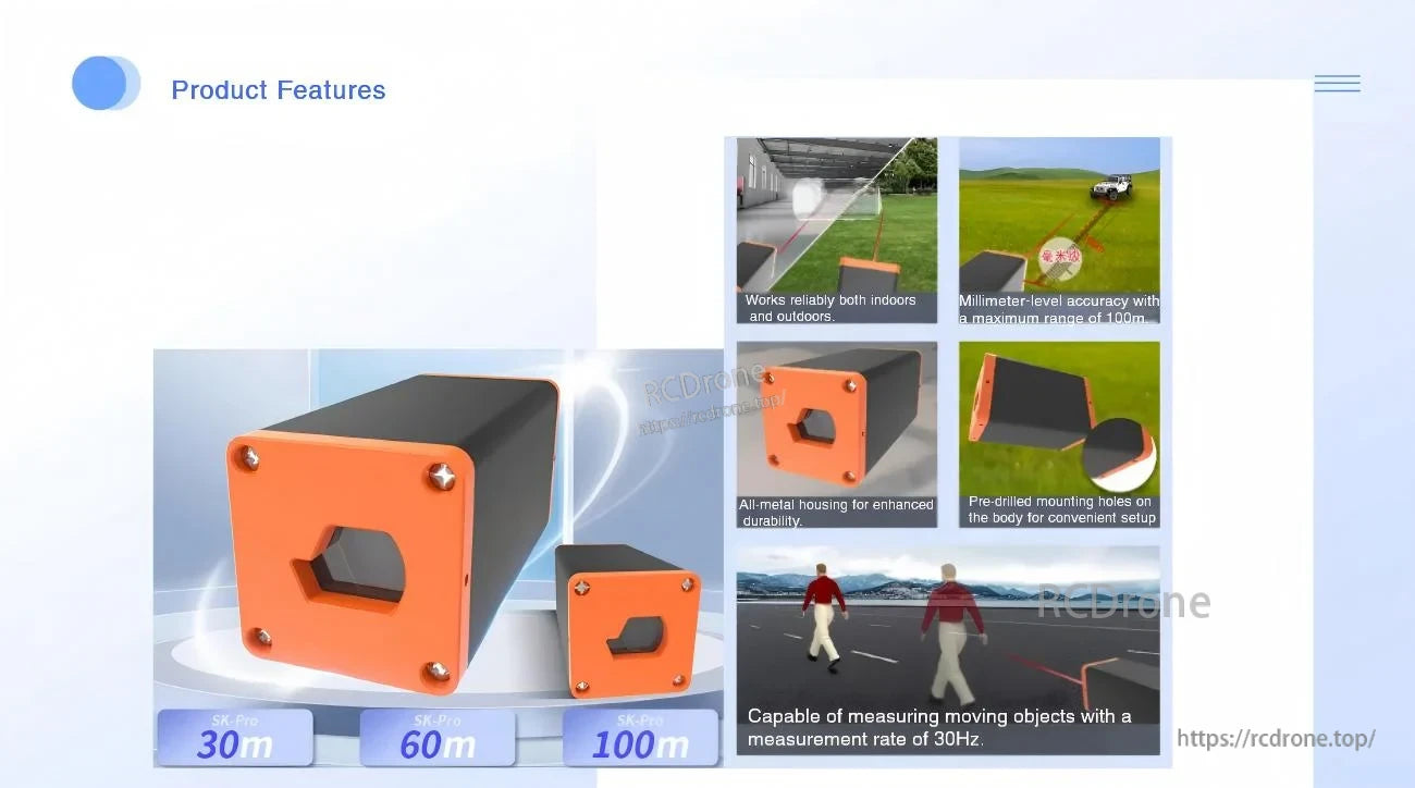 Feature collage of SK-Pro laser sensor with 30 m, 60 m, 100 m range variants and mounting details for fixed installation