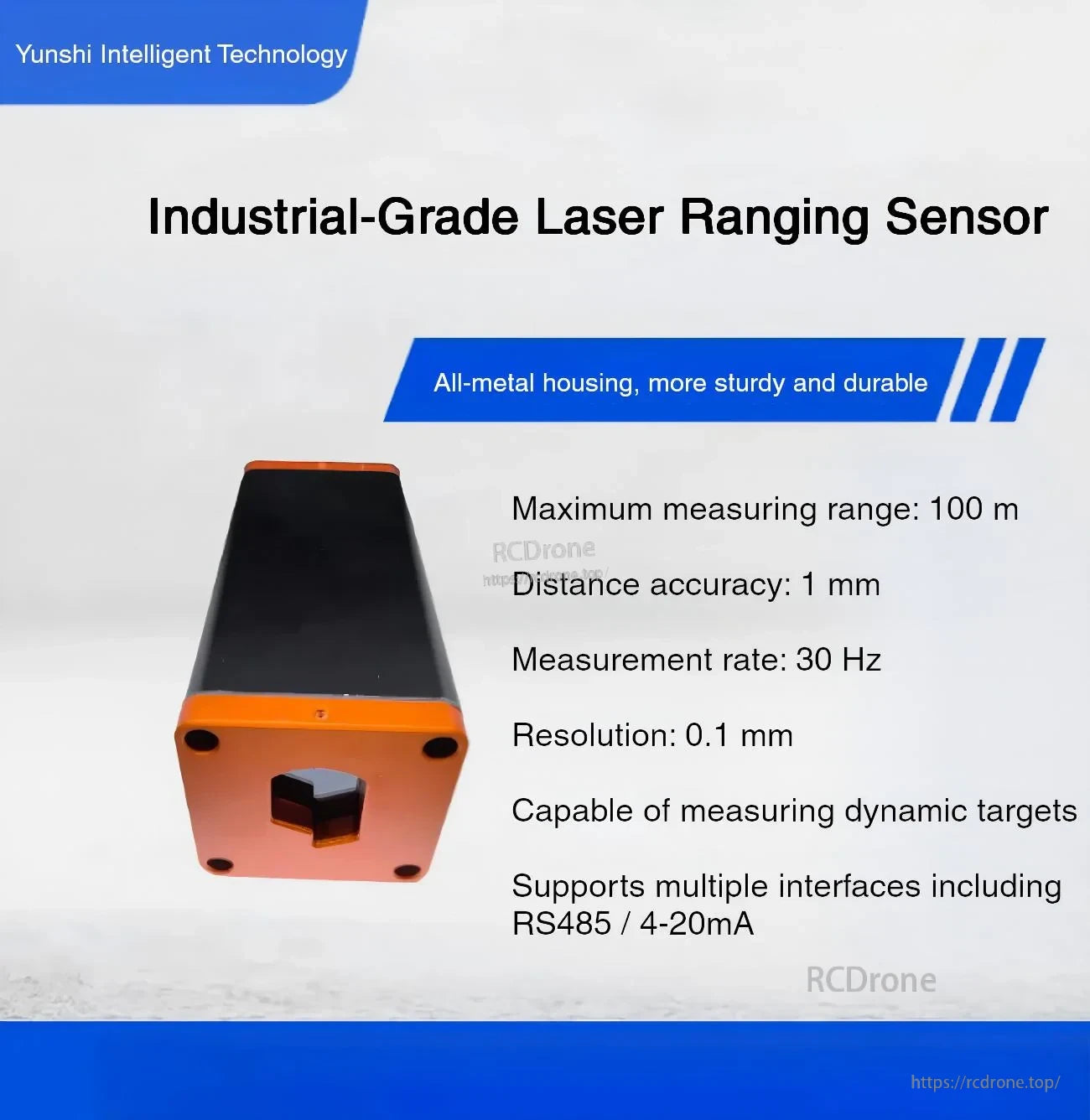 Front view of SK-Pro industrial laser ranging sensor highlighting 1 mm accuracy, 0.1 mm resolution, 30 Hz rate, RS485/4–20 mA