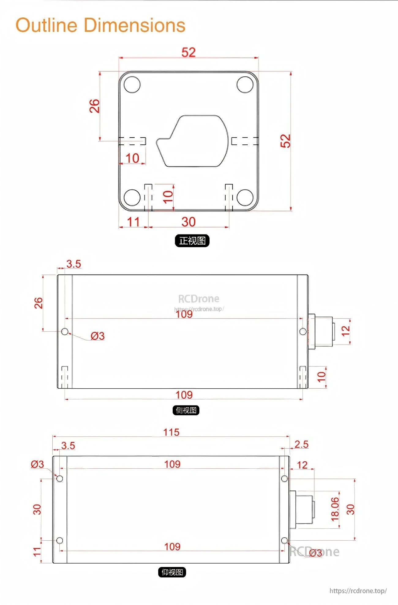 Yunshis SK-Pro Series Laser Ranging Sensor outline dimensions drawing with 52×52 mm face, 115 mm length, and M3 mounting holes