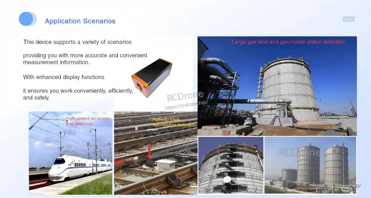 Application examples collage for laser ranging sensor: train rail detection, track monitoring, and large gas tank/holder piston detection
