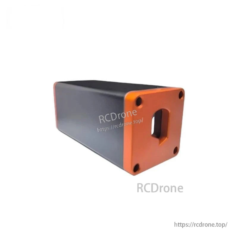 End view of laser ranging sensor housing with rectangular cutout on orange mounting plate
