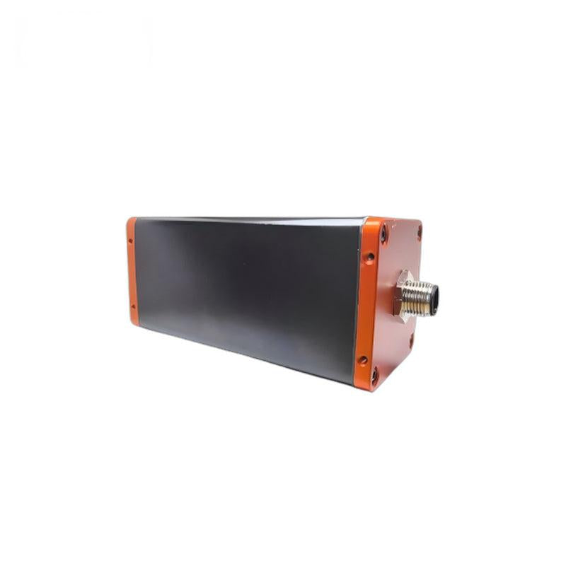 Laser ranging sensor side view showing rear panel with threaded circular connector port