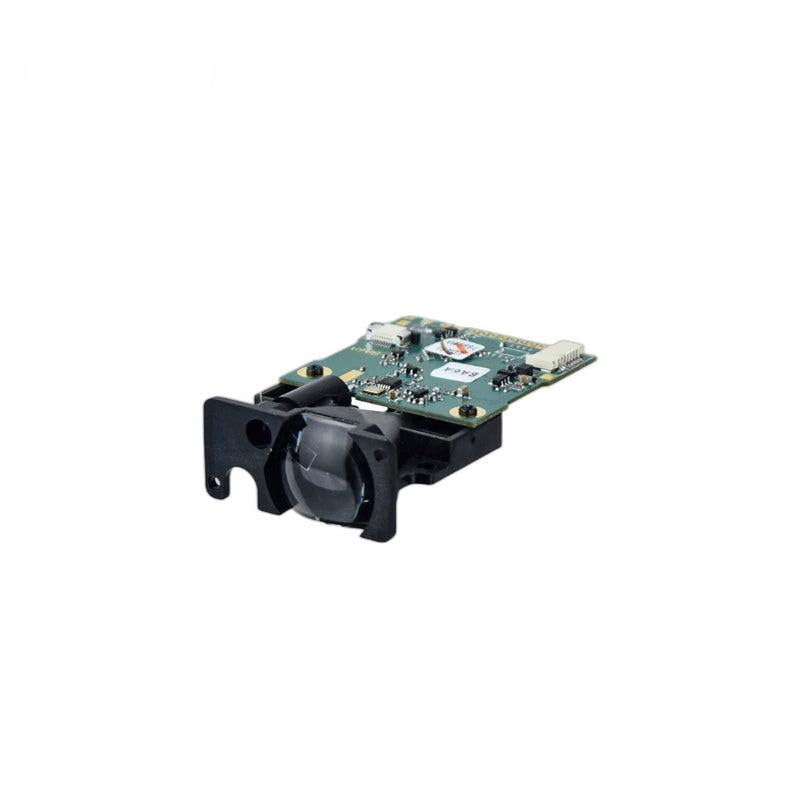 Yunshis SK100 LiDAR rangefinder module on PCB, angled view with front optical window and mounting bracket