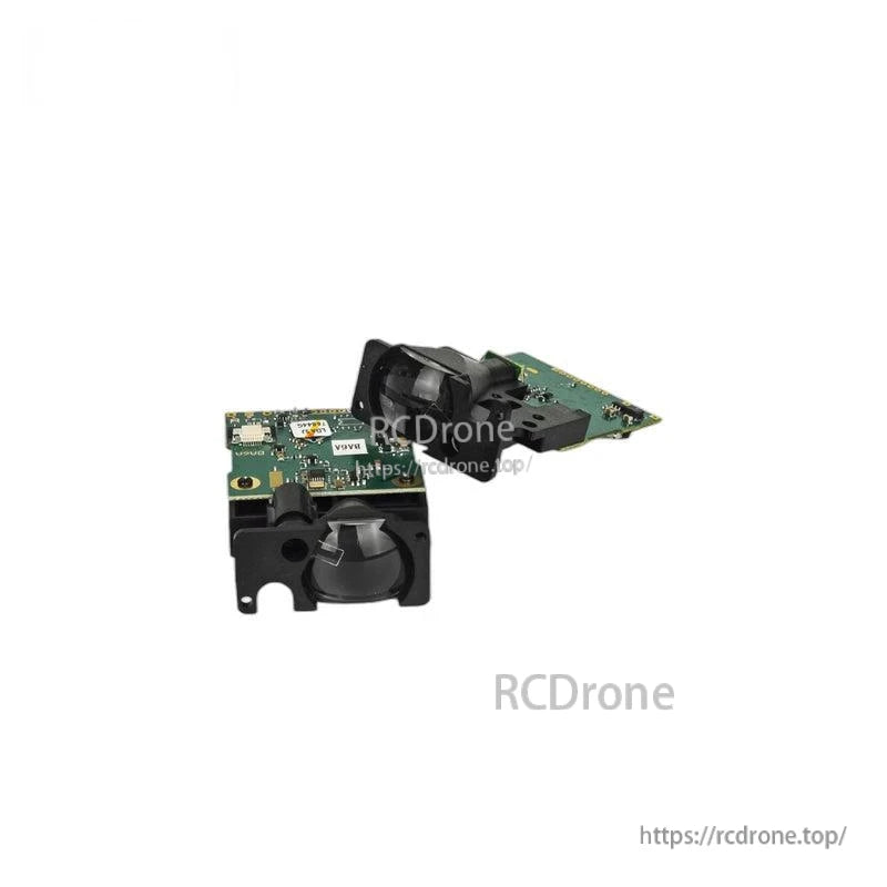 SK100 LiDAR rangefinder board set with front lens assemblies, top view with RCDrone watermark