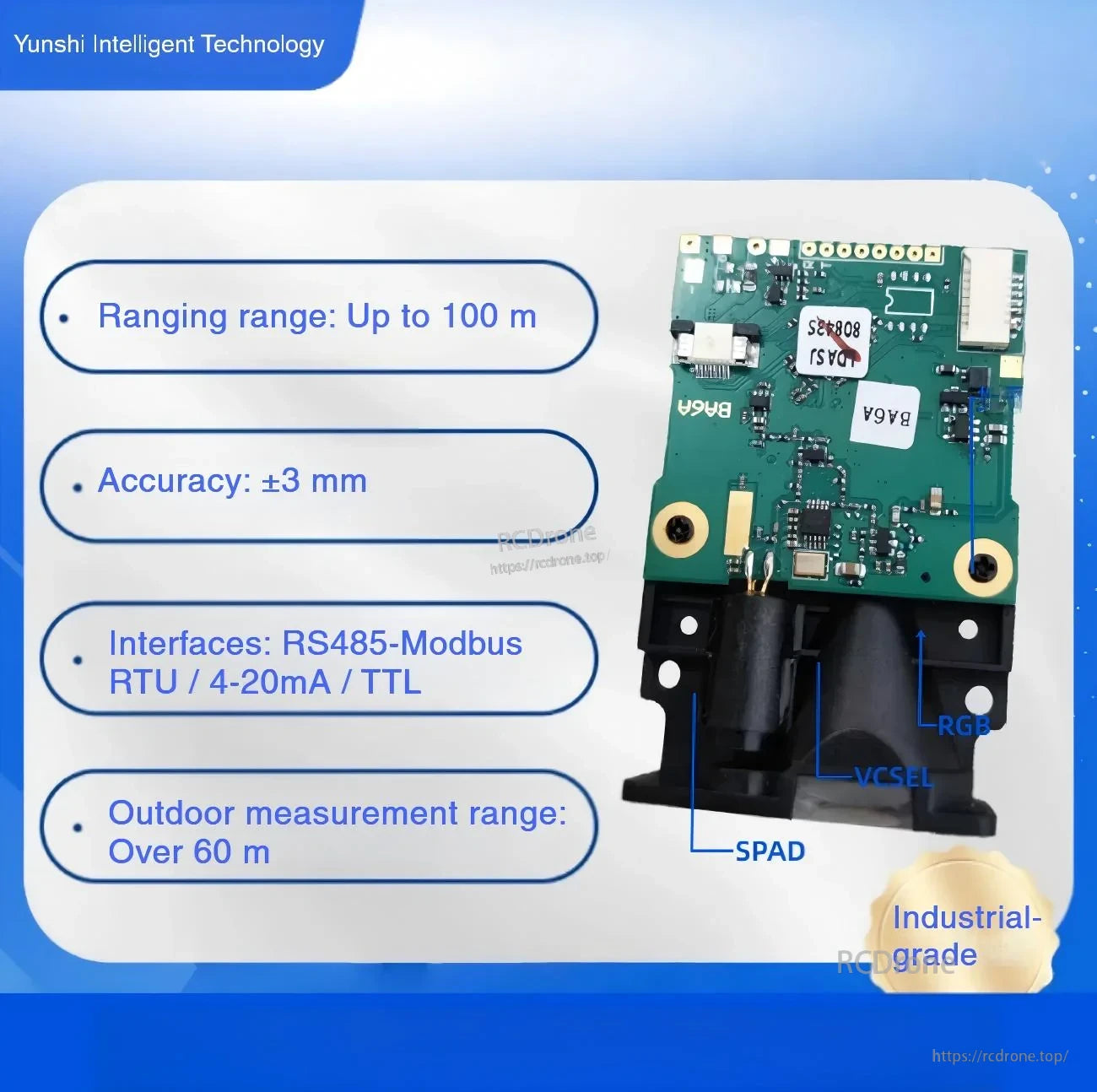 Yunshis SK100 series LiDAR rangefinder board with key specs: up to 100 m range, ±3 mm accuracy, TTL/RS485/4–20 mA