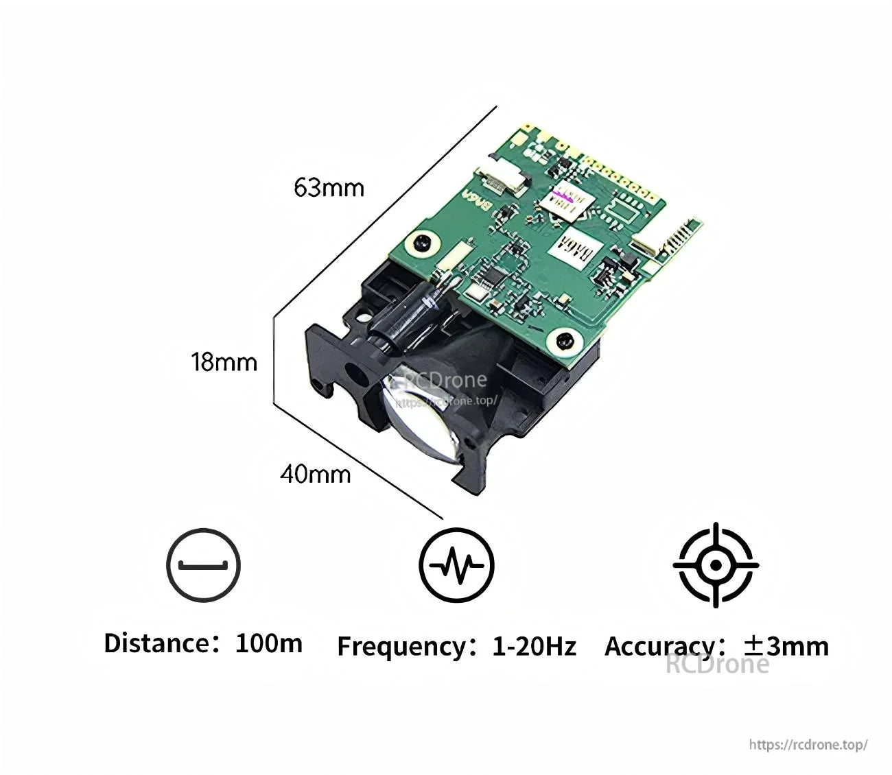 SK100 LiDAR size and performance: 63×40×18 mm module with 100 m distance, 1–20 Hz frequency, ±3 mm accuracy