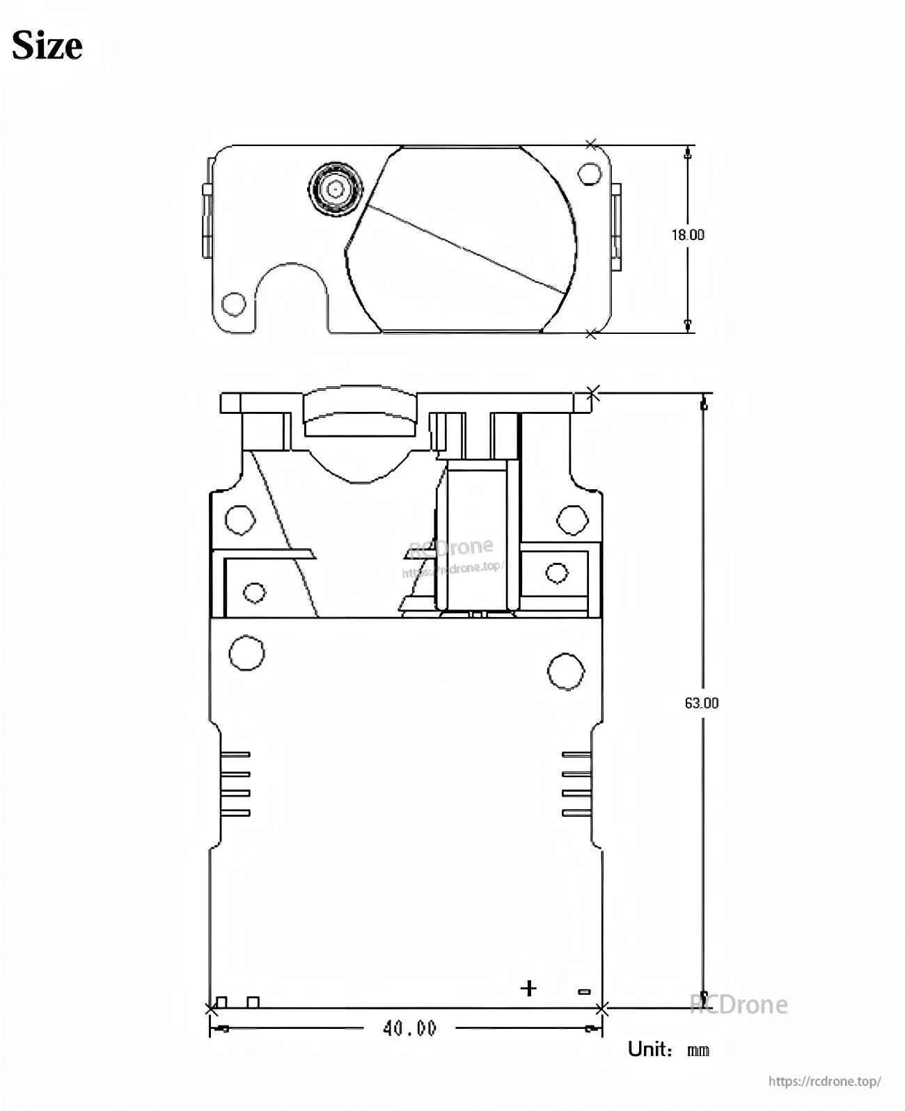 SK100 LiDAR mechanical dimension drawing with 40 mm width, 63 mm length and 18 mm height (unit: mm)
