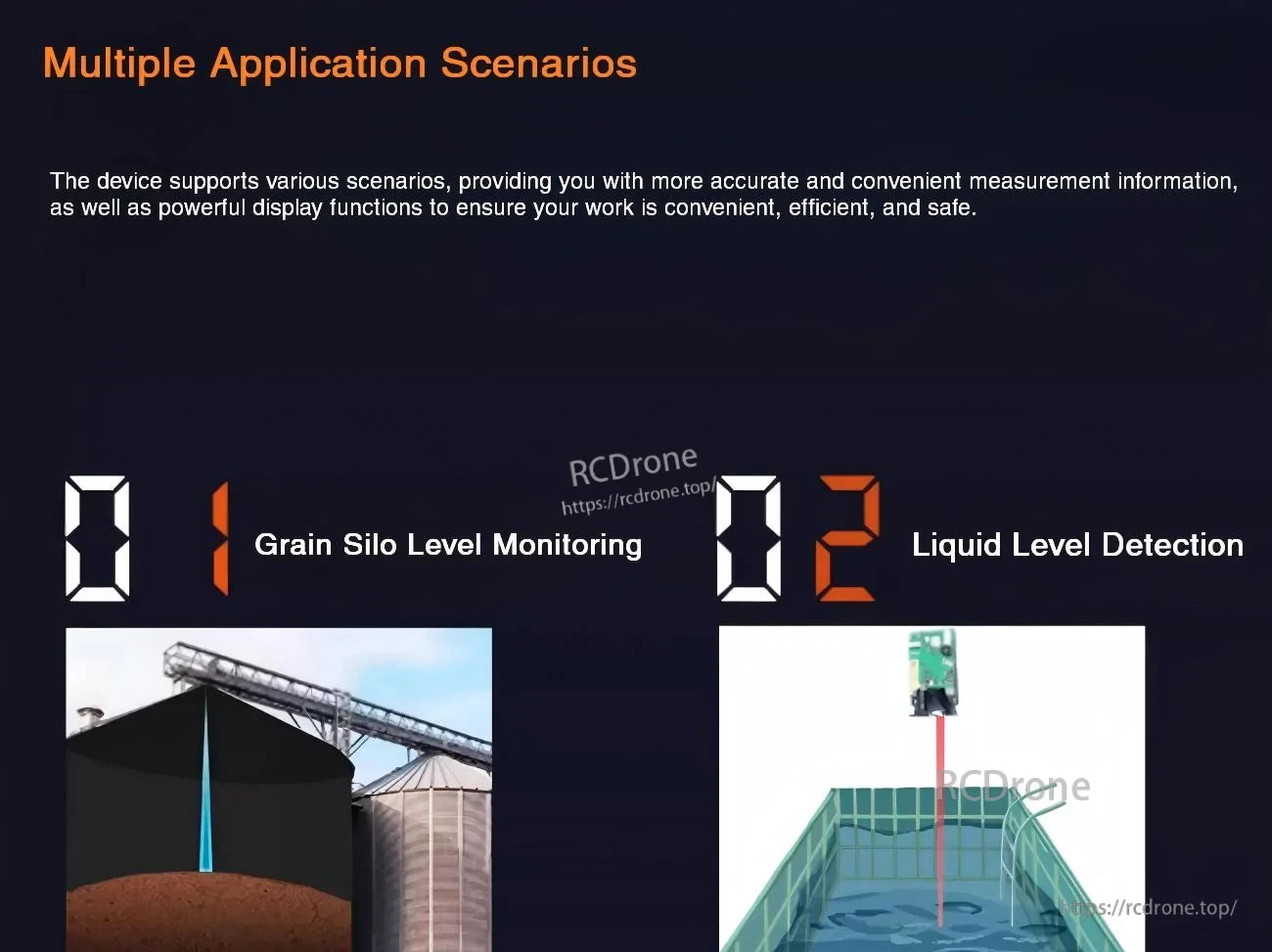 SK100 LiDAR application scenarios graphic: grain silo level monitoring and liquid level detection examples