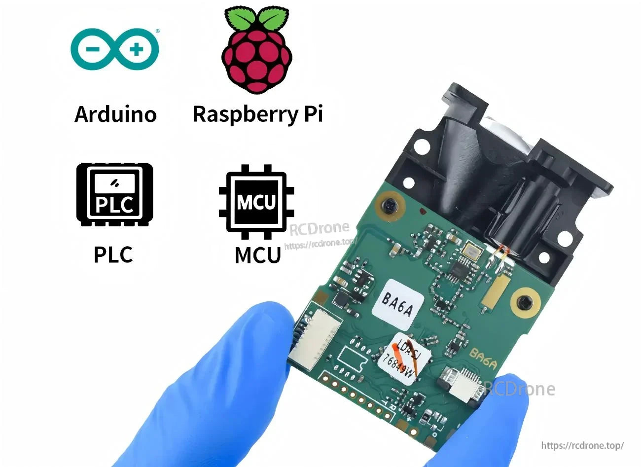 Compact Yunshis SK100 LiDAR module in gloved hands with Arduino, Raspberry Pi, PLC and MCU integration icons