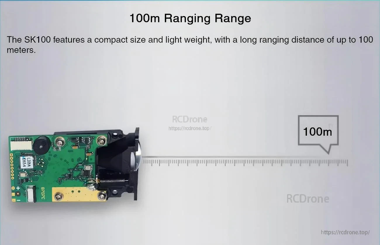 SK100 sensor next to ruler illustrating 100 m ranging distance capability
