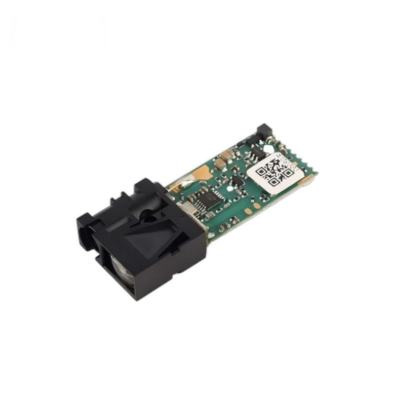Laser distance sensor module front angle with lens housing and onboard QR-code label on PCB