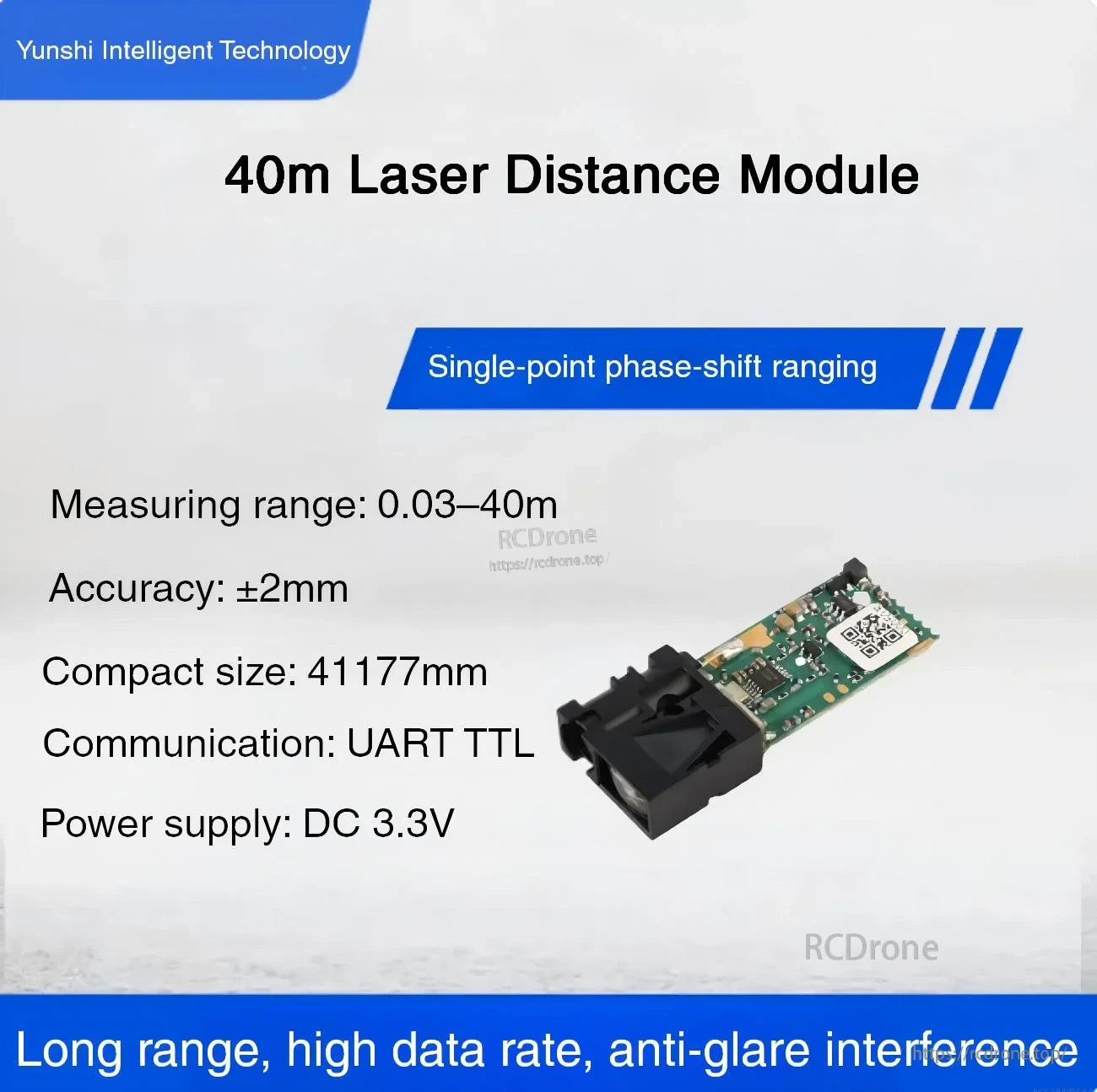Yunshis SK40 LiDAR 40m laser distance module graphic with key specs and UART TTL 3.3V interface