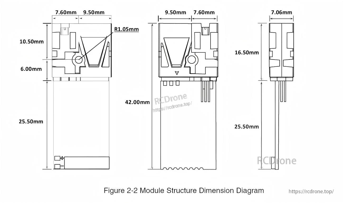 SK40 module structure dimension diagram with multiple orthographic views and millimeter measurements for mounting/layout