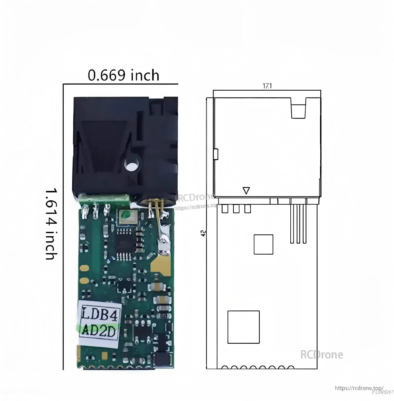 SK40 module size drawing with dimensions labeled in inches alongside a front view of the assembled PCB module