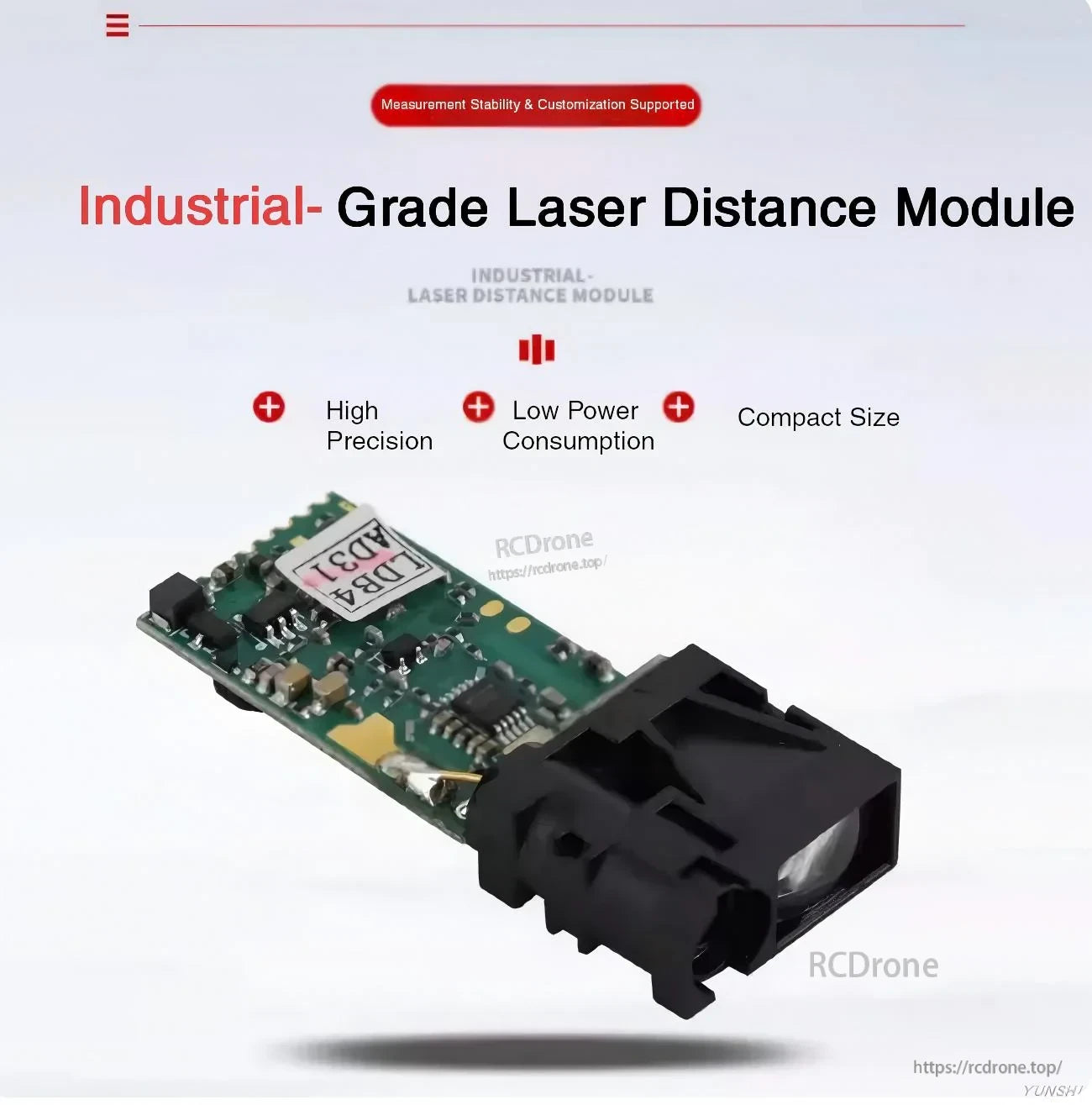 Angled close-up of the SK40 laser distance module PCB and optical housing for industrial-grade ranging