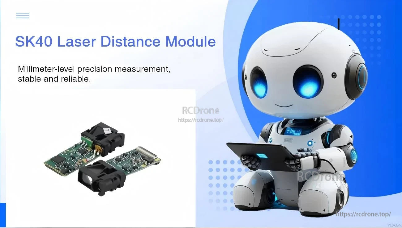SK40 laser distance module promo with two module views and robotics application illustration