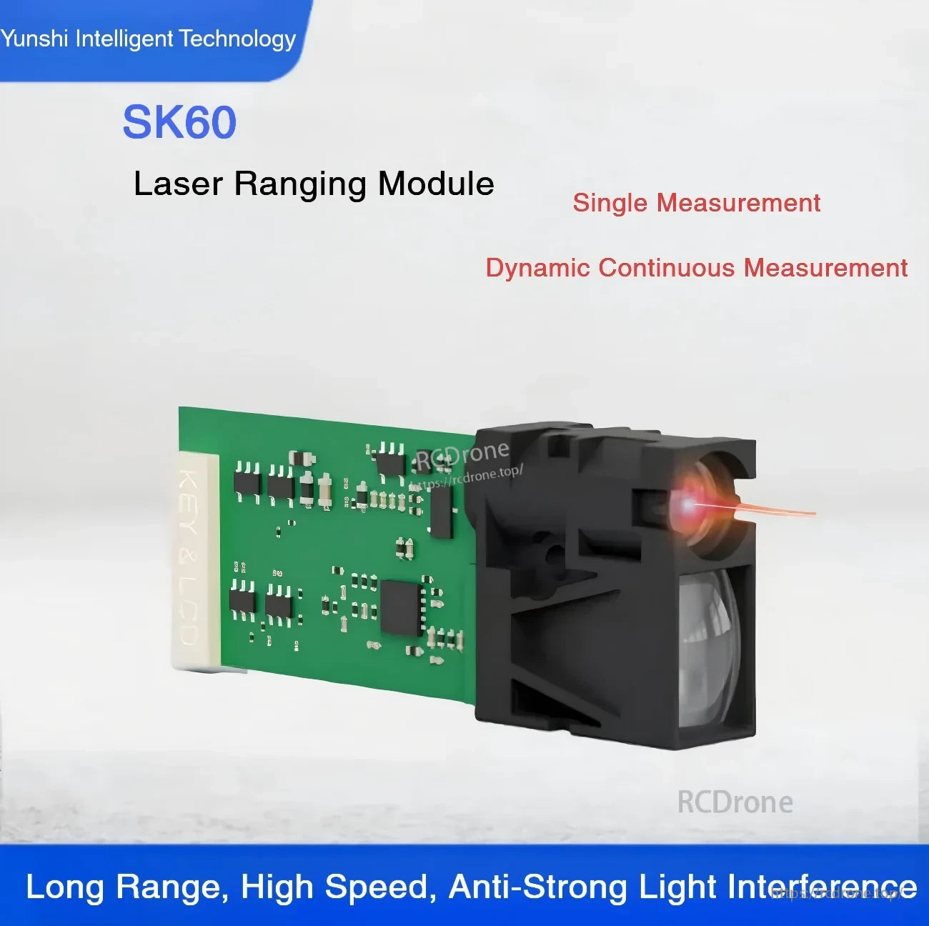 Yunshi SK60 laser ranging module with visible red beam, supports single and continuous distance measurement