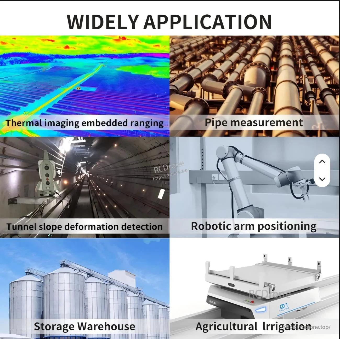 Widely application graphic for laser distance sensor: thermal imaging ranging, pipe measurement, robotic arm positioning, warehouse and农业灌溉