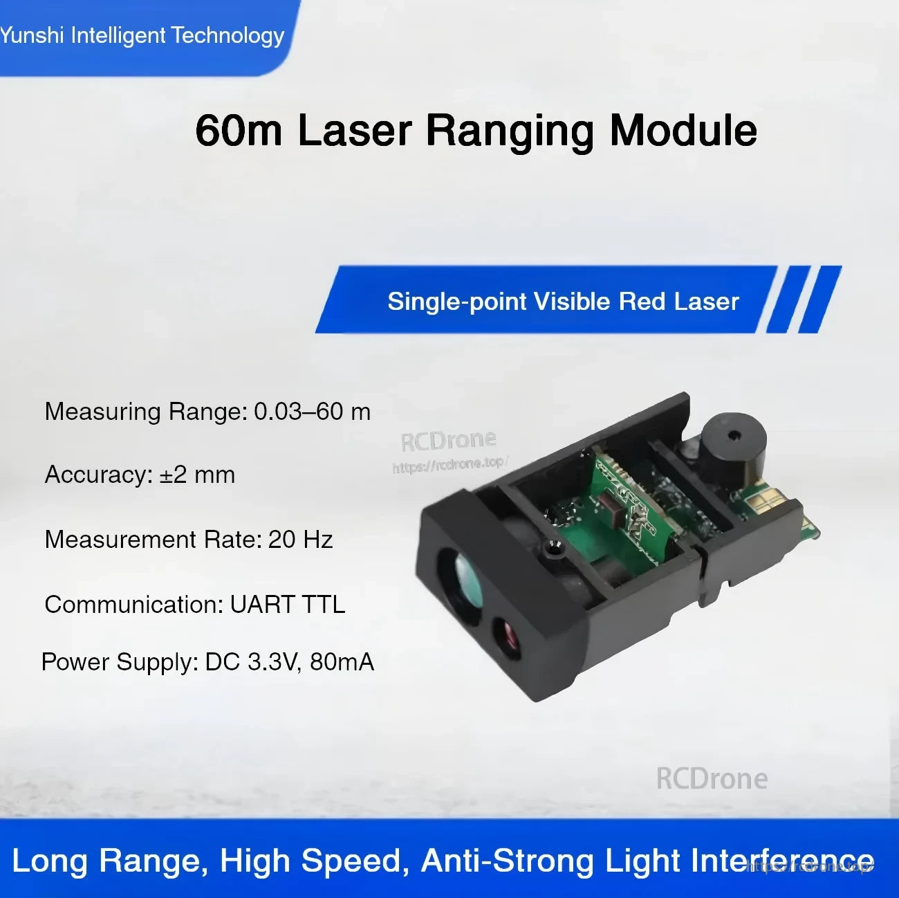 60 m single-point visible red laser ranging module listing range 0.03–60 m, UART TTL, 3.3 V supply and 20 Hz rate