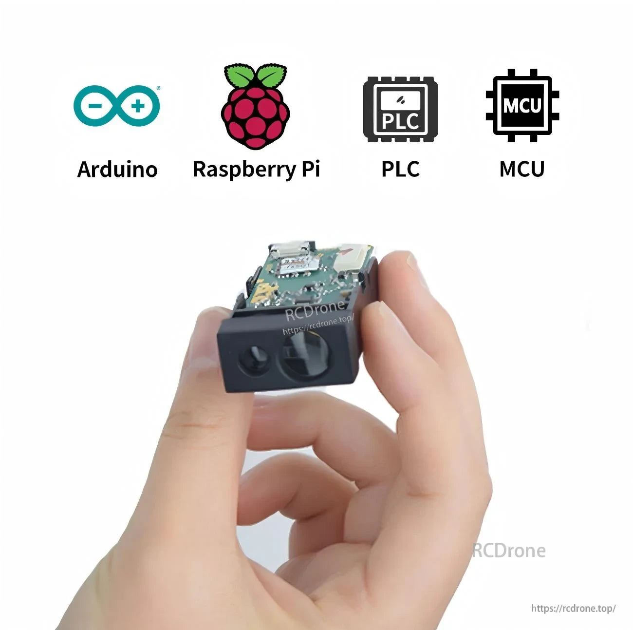 Hand-held view of the SK60 laser ranging module with Arduino, Raspberry Pi, PLC and MCU platform icons