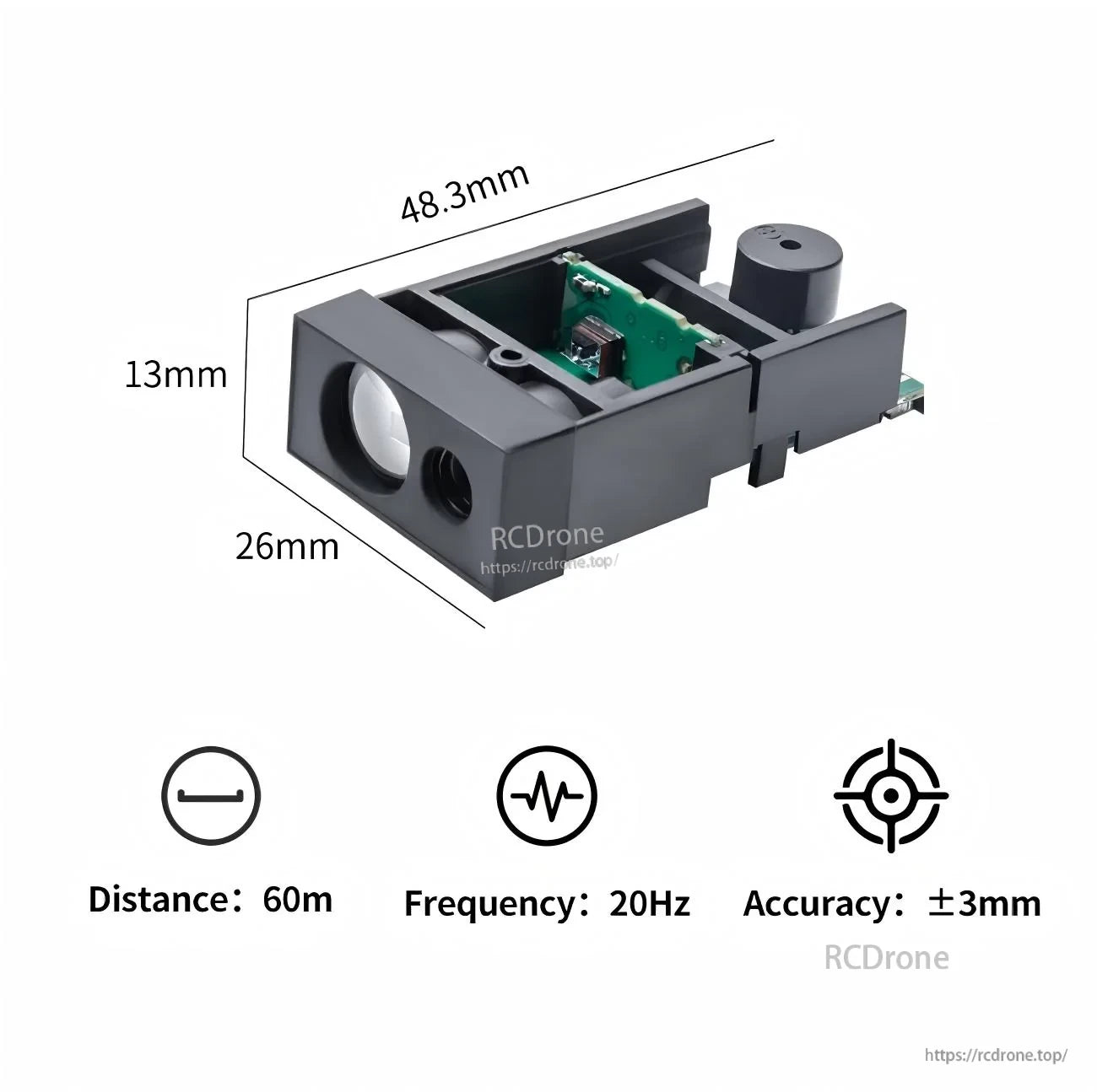 SK60 module size overview: 48.3 × 26 × 13 mm with icons for 60 m distance, 20 Hz frequency and ±3 mm accuracy