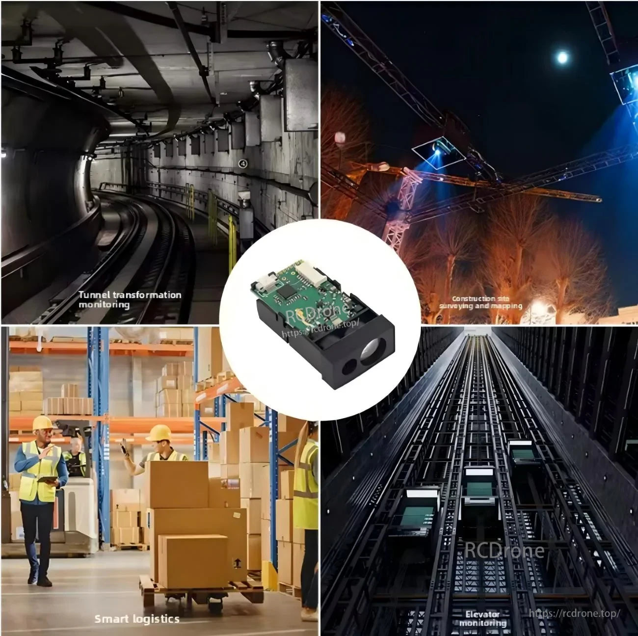 Application collage for the SK60 distance sensor: tunnel monitoring, construction surveying, smart logistics and elevator monitoring