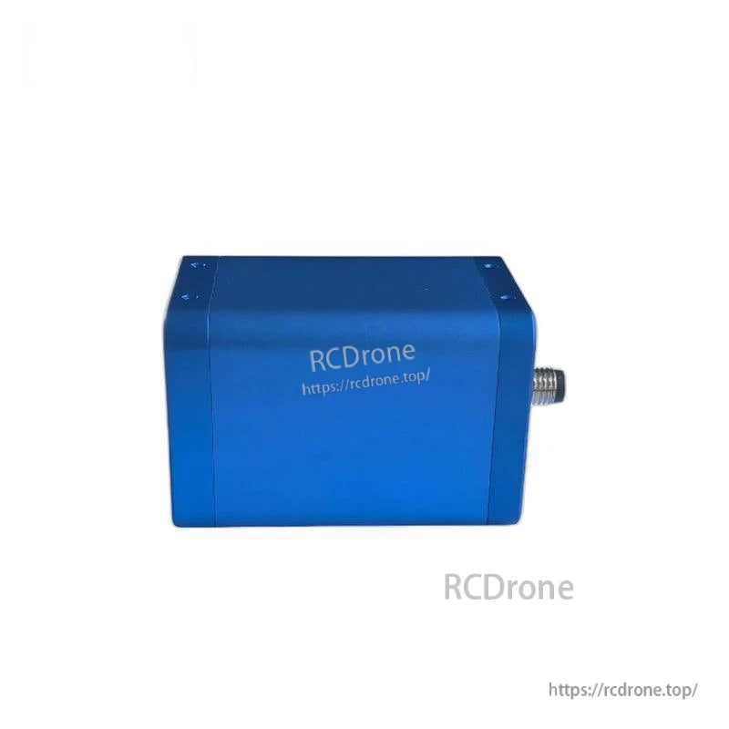Side view of sensor module with RCDrone marking and threaded connector port on blue enclosure