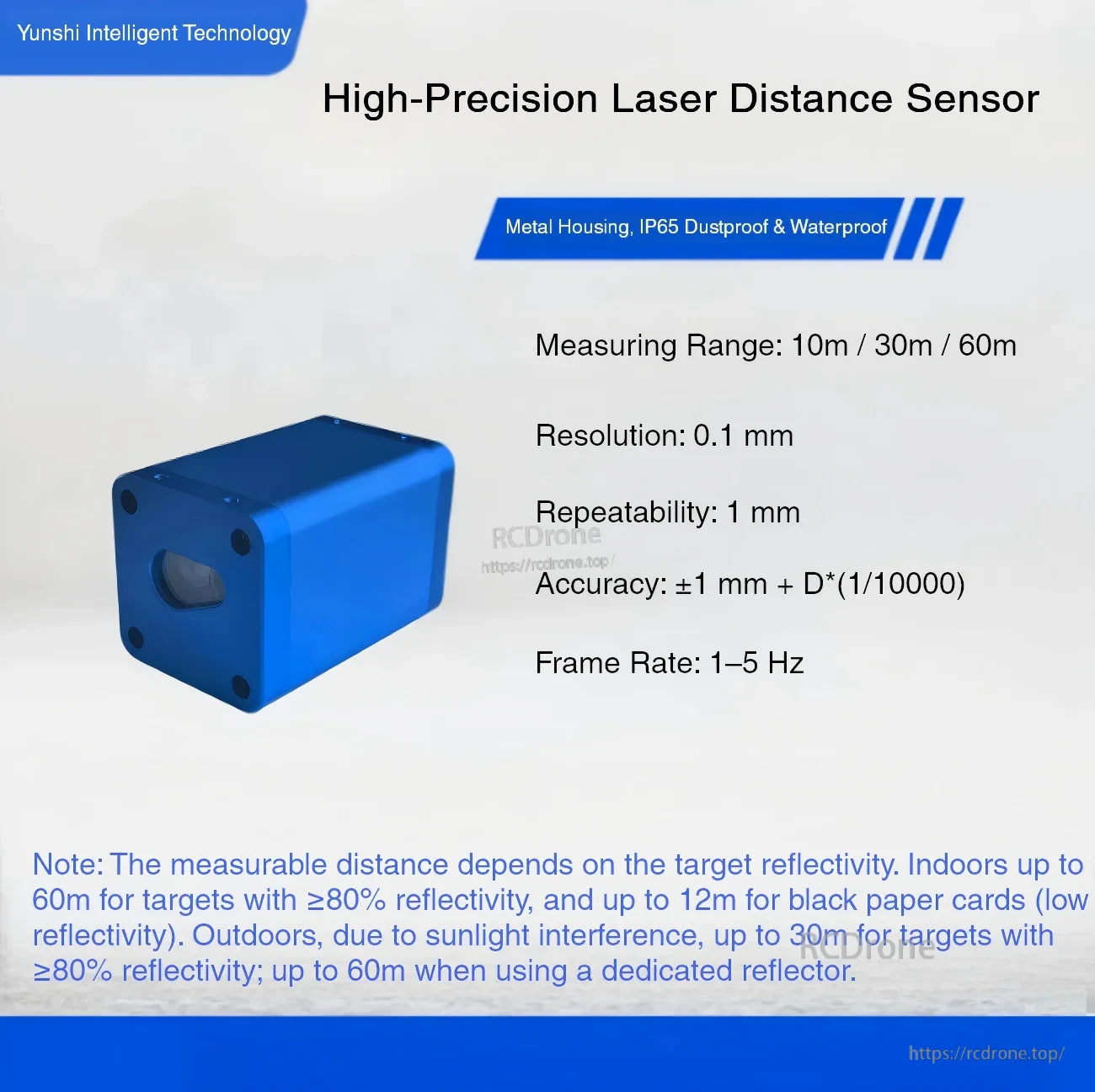 High-precision laser distance sensor spec overview with IP65 dustproof and waterproof metal housing
