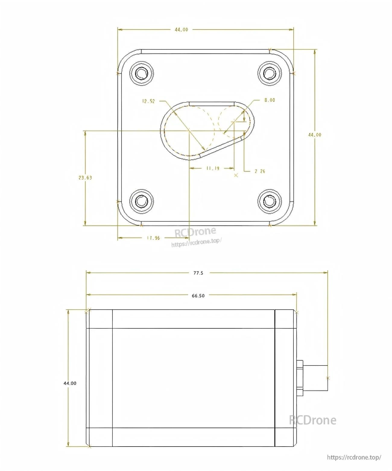 Detailed mounting footprint drawing with hole spacing and slot dimensions for the SM Series sensor enclosure