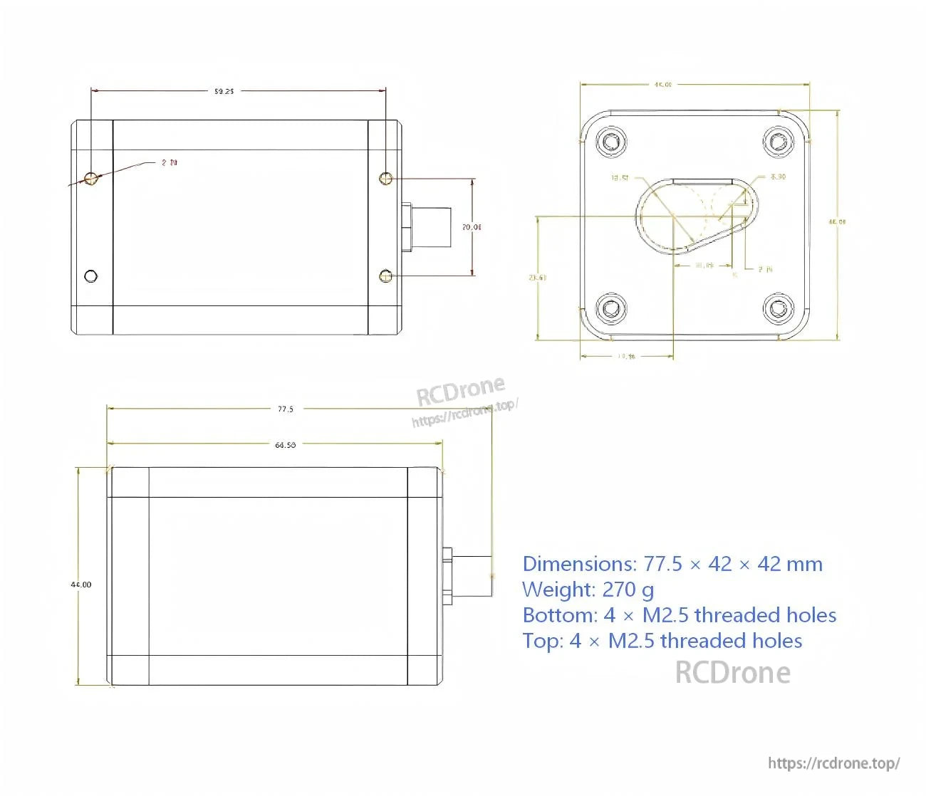 Mechanical dimensions drawing for SM Series sensor: 77.5 × 42 × 42 mm body, weight 270 g, M2.5 mounts