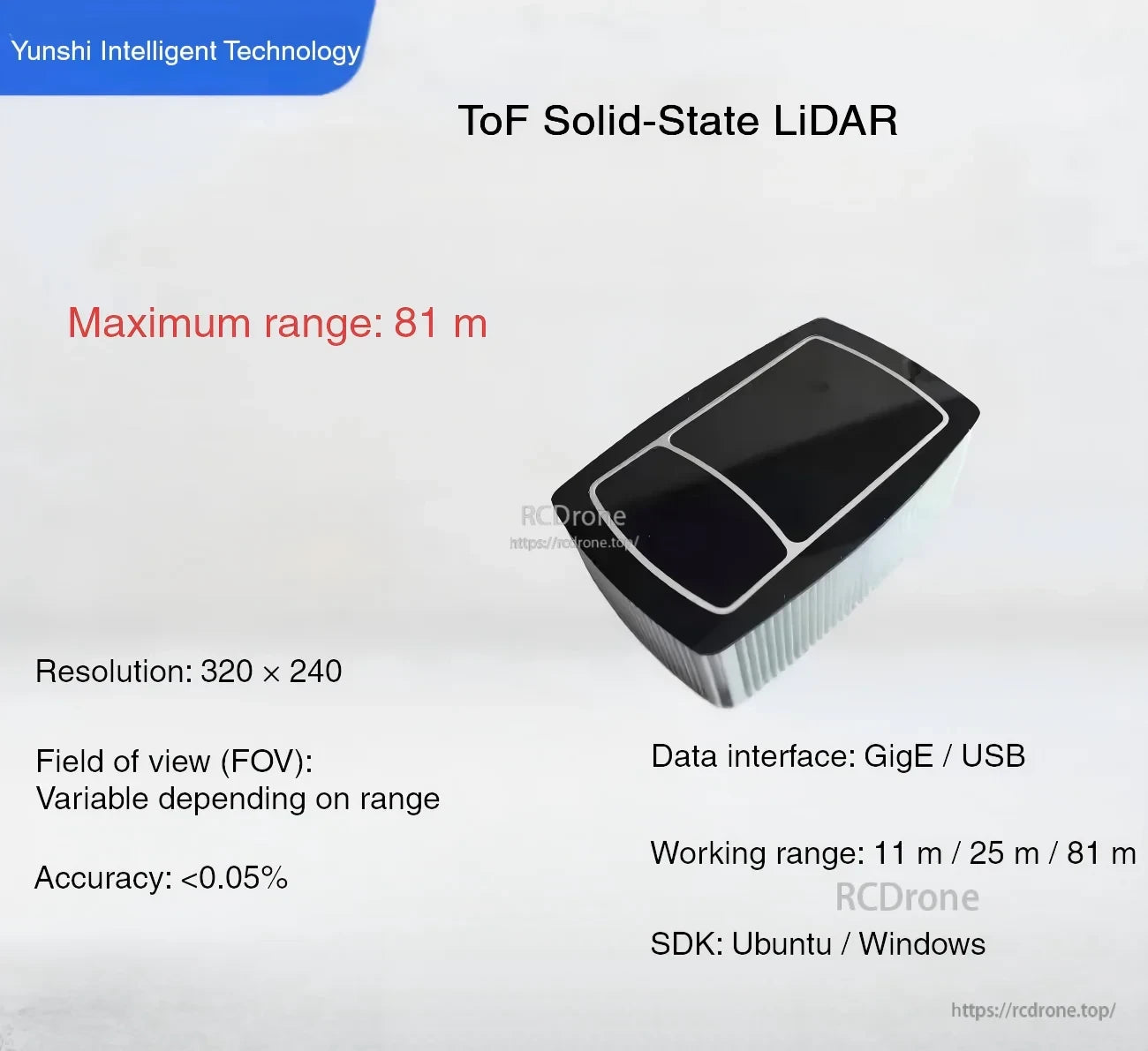 Yunshis TOFCAM660 ToF solid-state LiDAR depth camera, QVGA 320×240, GigE/USB, max range 81 m