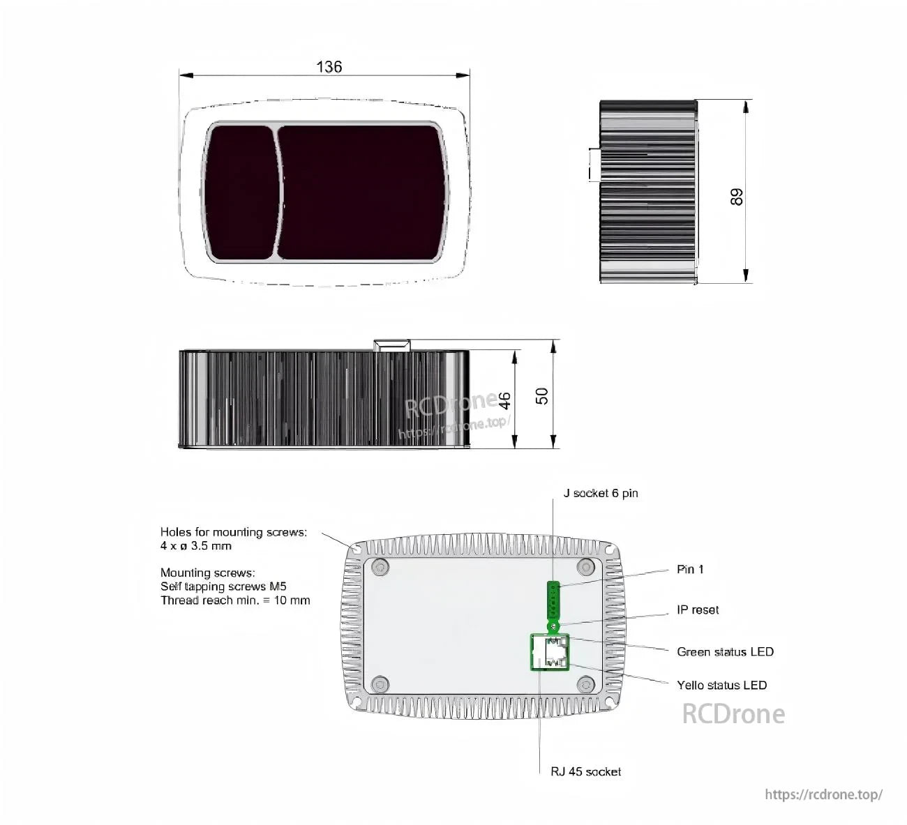 TOFCAM660 dimensional drawing with overall size and mounting holes, plus RJ45 socket and 6‑pin power/GPIO pinout callouts