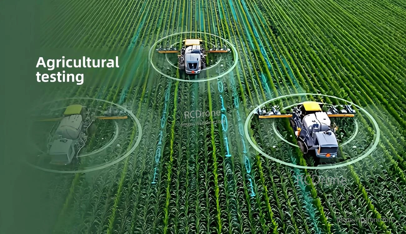 Agricultural testing scene with smart farm machinery operating in crop rows, representing LiDAR use in agricultural inspection