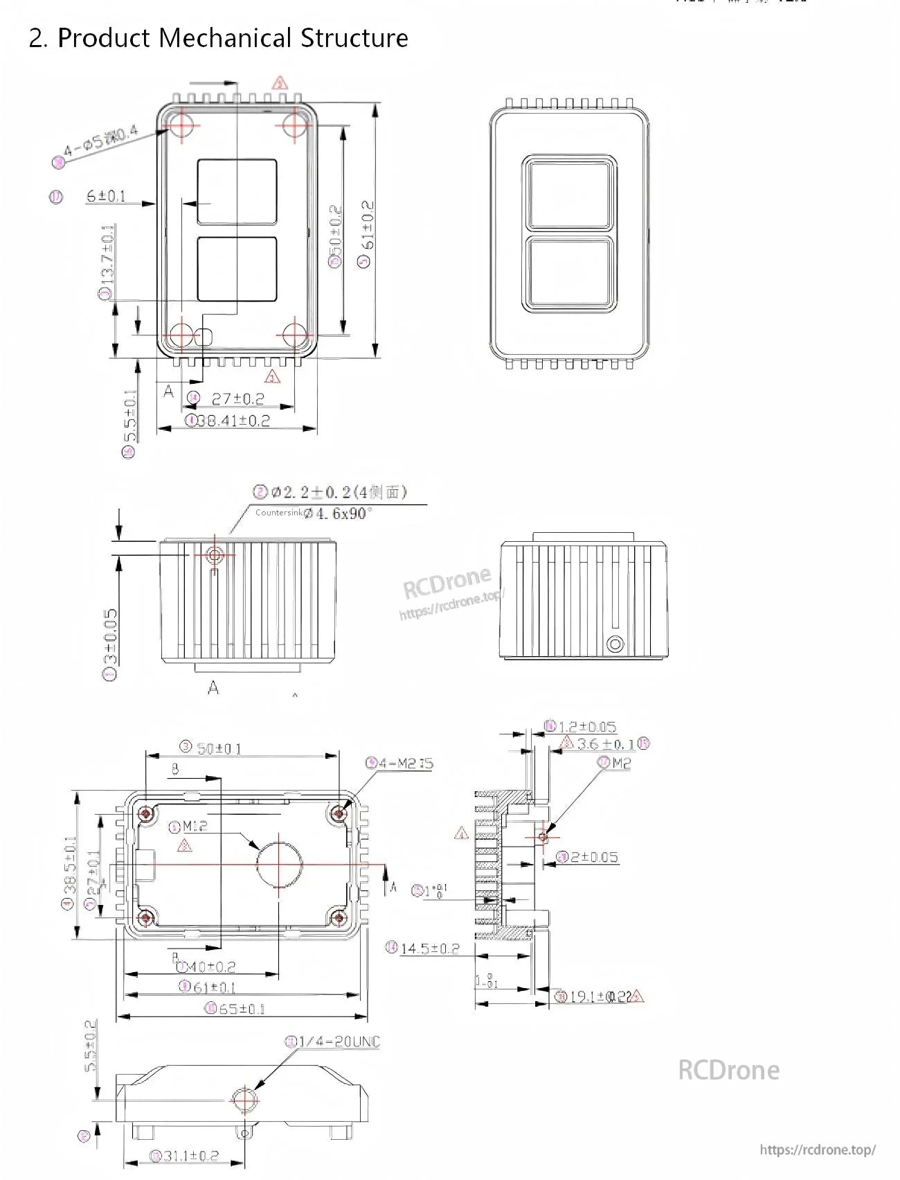 XT-M60 product mechanical structure drawing with multi-view dimensions and mounting hole measurements