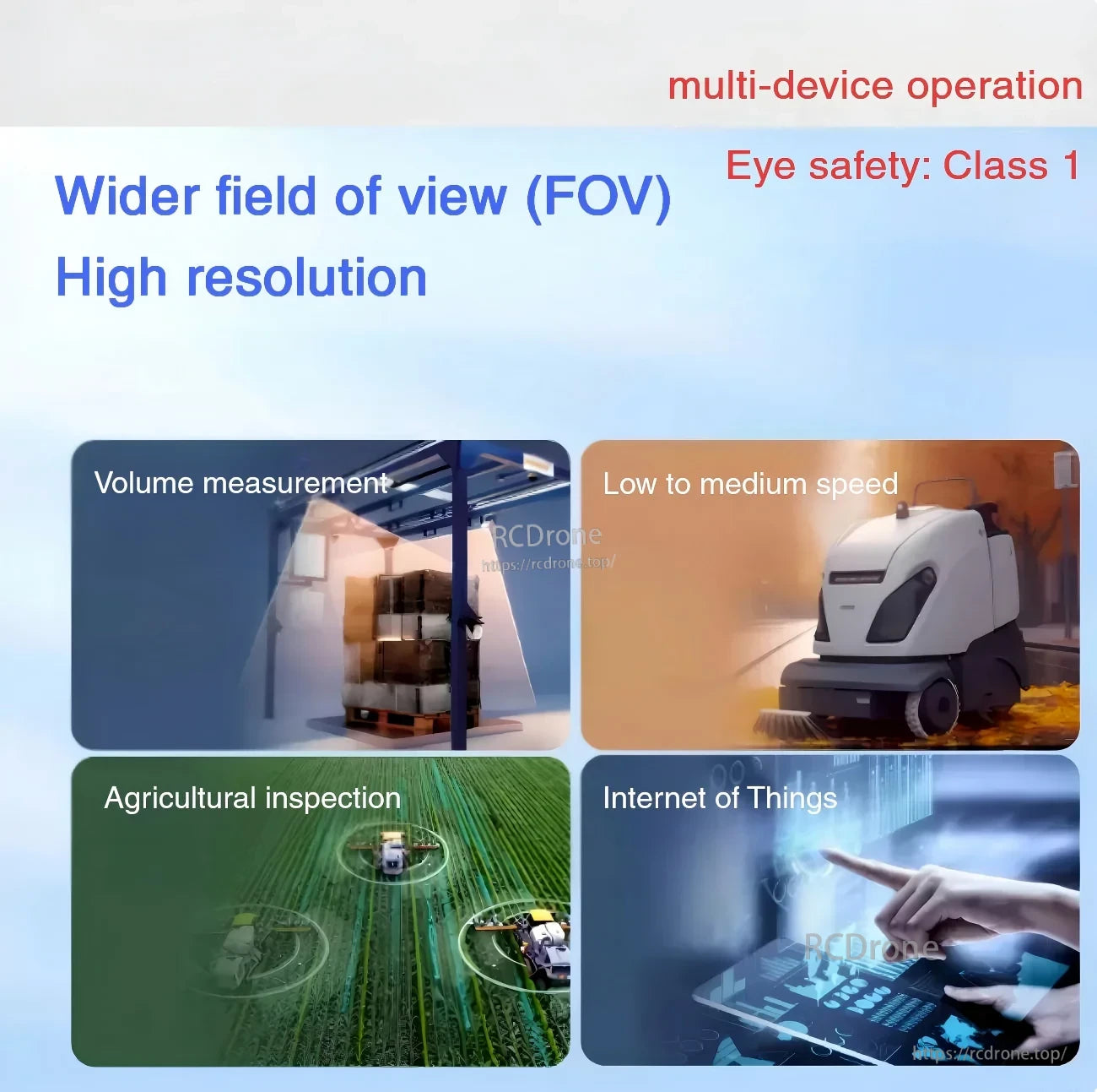 Application overview for the flash LiDAR highlighting wide FOV, high resolution, multi-device operation, and Class 1 eye safety