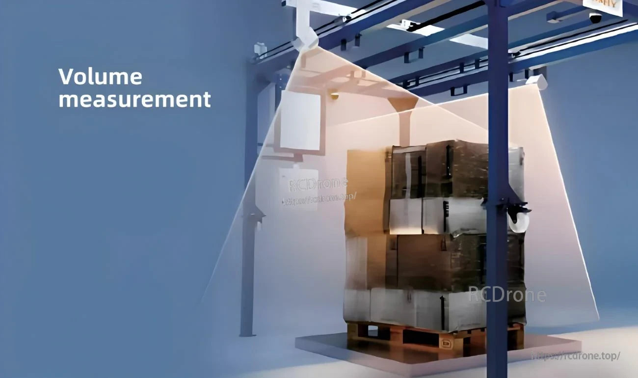 Warehouse volume measurement concept scanning stacked boxes on a pallet inside an industrial frame