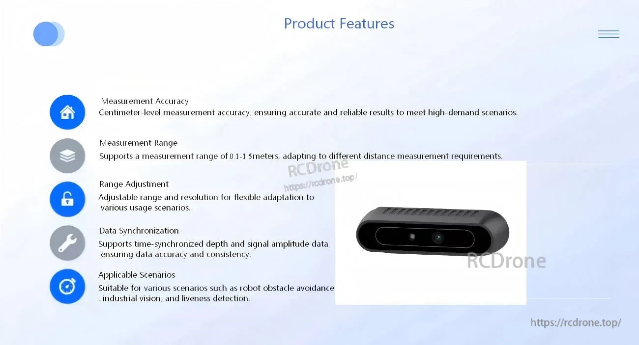 Yunshis iHawk070 depth camera module front view, compact housing for short‑range depth measurement