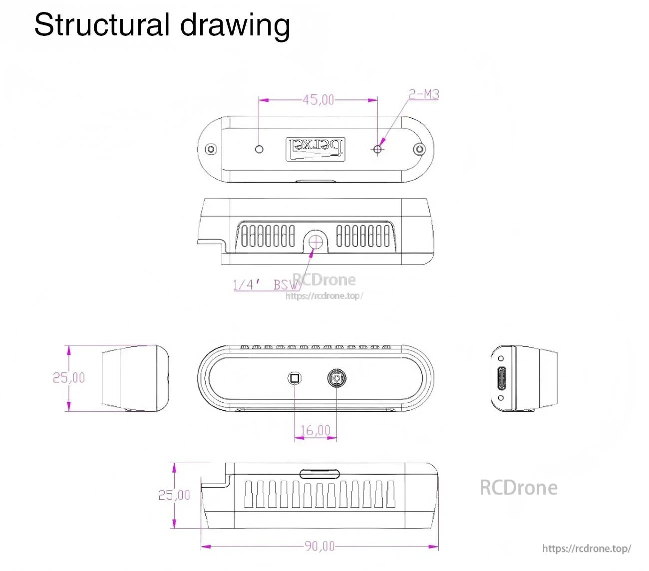 iHawk070 depth camera structural drawing with dimensions and mounting points, including 1/4" thread and M3 holes