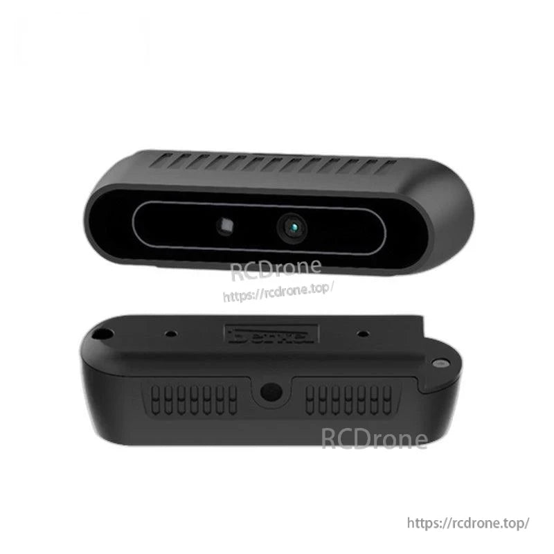 Front and bottom views of the camera module with RCDrone watermark, showing vents and mounting points