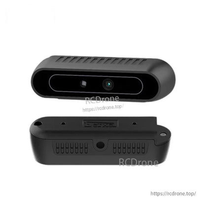 Front and bottom views of the camera module with RCDrone watermark, showing vents and mounting points