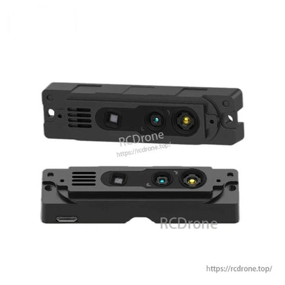 Front and side views of iHawk072 structured light RGB-D camera, showing lens array and side connector port