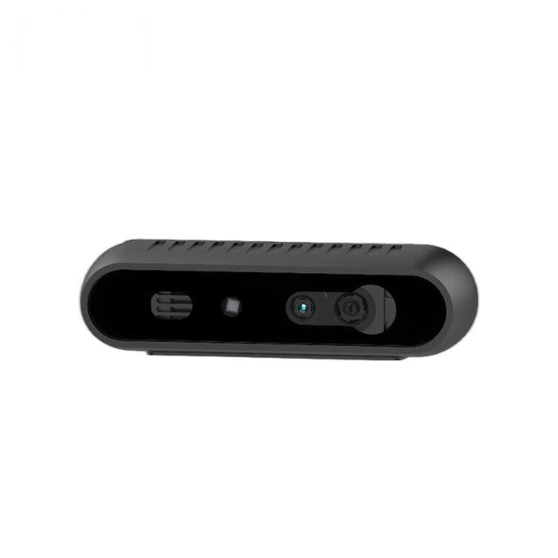 Front face close-up of RGB-D camera module showing dual lenses and sensor window in oval housing